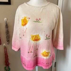 Susan Bristol 2000  Pink & Cream Spring Easter Sweater - chicks oversize M